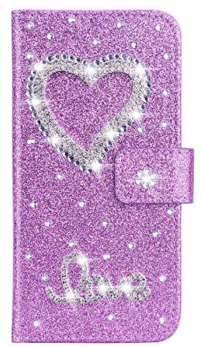 XFZ PU Leader Glitzer Schutzhülle für Galaxy J5 2017 Glänzende Brieftasche Glitzer Bling 3D Herz Strass Hülle Etui Wallet Tasche Lederhülle Flip Handyhülle für Samsung Galaxy J5 2017 - Lila