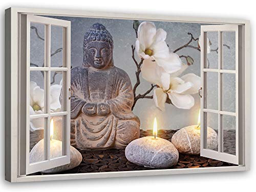 Feeby Bild auf Leinwand - Wandbilder Wohnzimmer Aesthetic - Fensterblick Zen Spa Beige - 90x60 cm 1tlg - Schlafzimmer Wandekoration - Bilder Zimmer - Living Room - Deko Wandbilder - Moderne Bild