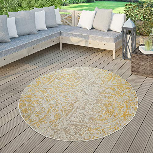 TT Home Moderner Outdoor Teppich Wetterfest Innen & Außenbereich Barock Design In Gelb, Größe:200 cm Rund