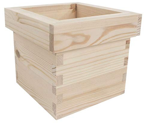 WooDeeDoo Small Square Wooden Planter Box – Unfinished Pine Decorative Rim Herb Pot for Indoor Flower Display DIY Customisation – Rustic Craft Container Windowsill Plant Holder – 14 x 14 x 12 cm