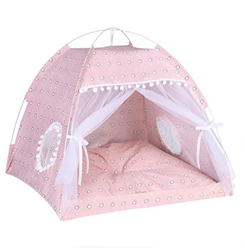 Cat Tent Cave Bed with Removable Cushion, 2-In-1 Cat Dog Teepee Bed House Cat Nest Sleeping Bag,Pet Indoor Outdoor House Detachable Breathable Mesh,Four Seasons Universal,48x48x46CM