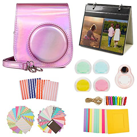 MUZIRI KINOKOO Camera Accessories Kit for Instax Mini 11 with Came Case/Table Photo Frame/Hanging Pictures Frame/Lens Filter/Selfie Lens/Border Stickers/Corner Stickers - Colorful Pink