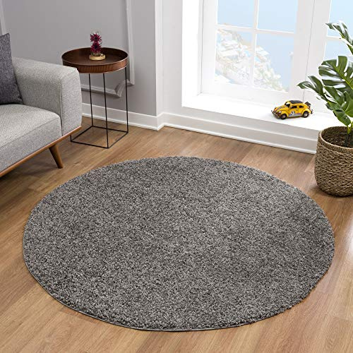 Impression Teppich Rund - Perfect Teppiche fürs Wohnzimmer, Flur, Schlafzimmer, Kinderzimmer, Babyzimmer - Hochwertiger Öko-Tex Zertifizierter Flächenteppich - Solid Color Grau - 200 cm Rund