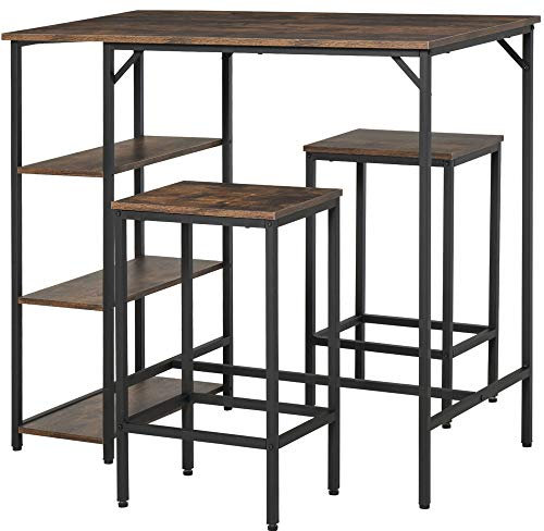 HOMCOM Industrial Bar Height Dining Table Set With 2 Stools & Side Shelf, 3 Pieces Coffee Table for Dining Room, Kitchen, Dinette