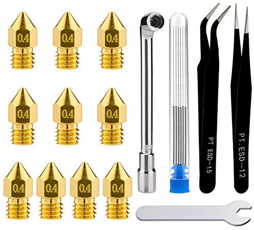 LUTER 3D Printer Nozzle Cleaning Kit, 10PCS 0.4mm 3D Printer Nozzles Extruder Nozzles for MK8 + 5PCS Stainless Steel Nozzle Cleaning Needles + 2PCS Tweezers + 2PCS Wrenches