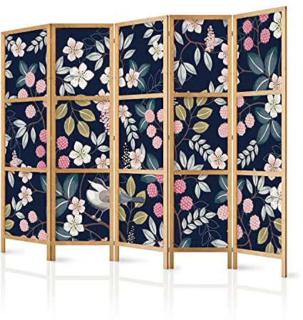 murando - Paravent Innen Raumteiler Holz Vogel Wald Blumen 225x172 cm 5-teilig Japanische Trennwand Raumtrenner Room Divider Mobiler Sichtschutz Spanische Wand Raum Abtrennung Japan b-B-0592-z-c