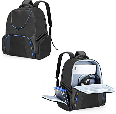 CURMIO Mochilla para Consola de Juegos Compatible con PS5, PS4 and PS4 Pro, Bolsa de Viaje para PS5, Funda Transporte para PS5, Controladores, Juegos y Accesorios, Azul(Sola Bolsa, Patente Pendiente)