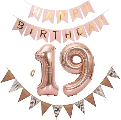 Jrzyhi Luftballon Geburtstag XXL Roségold Riesen Folienballon in 32 19 Jahr Dekoration Roségold Zahl 19 Happy Birthday Ballon mit Girlande,triangle Flag Banner für Hochzeit Jubiläum Deko