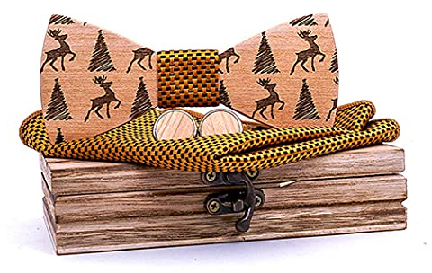 HZQIFEI Noeud Papillon Bois Fait Main, Noeud papillon en Bois de Noël avec Carré de Tissu et Broche en Bois Mariages, Cérémonies (C6, 3Pcs)