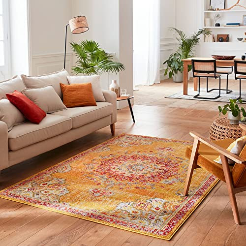 Nazar Tapis de Salon Vintage, Tapis Style Moderne, Tapis à Poils Ras, Lavable, Tapis Vintage Chambre (200x290 cm, 777 Jaune)
