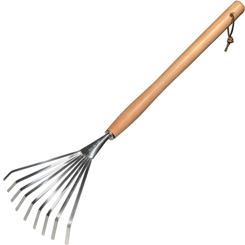 GREBSTK Handrechen aus Edelstahl, Buchenholzgriff, Bodenfliese, Garten, Strauchrechen, Laubrechen, 62,2 cm