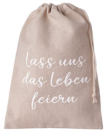 | 3 Geschenkbeutel in Leinen-Optik - Lass uns das Leben feiern - 23x16 cm, Baumwollbeutel, Stoffbeutel, natürliche Geschenkverpackung, Geburtstag, Muttertag, Hochzeit, Feste, Danke sagen