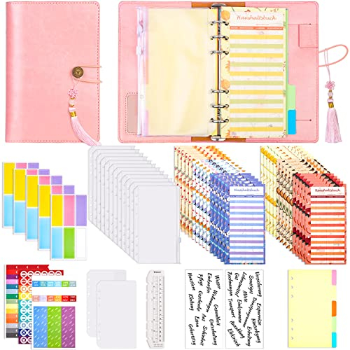 A6 Budget Planner Deutsch mit A6 PU Leder Budget Binder Deutsch Budgetaufkleber Binder Teiler Linea Taschen Etikettenaufkleber für Finanzplaner, Buget, Haushaltsbuch, Geld Sparen Mappe, Cash Stuffing