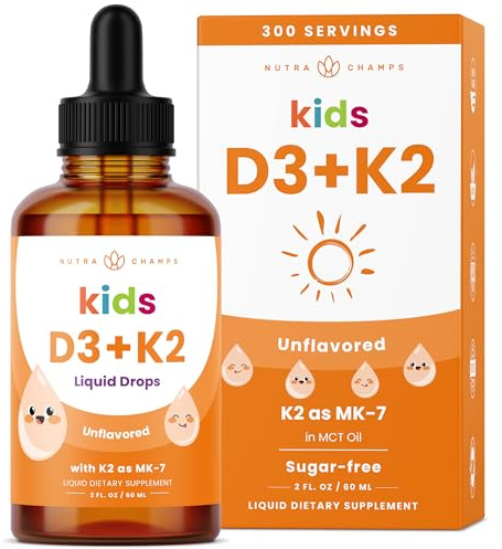NutraChamps Kids Vitamin D 3 K2 Drops, Vitamin D3 & K2 MK-7, Liquid Vitamin D for Kids 1000 IU, Healthy Bones, Heart & Immune System, Sugar Free Supplement for Toddlers, 300 Servings