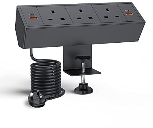 Desk Power Socket, Haiaoyyds Desk Power Strip with 3 UK Plugs, 2 USB C Ports, 2 USB A Ports, and 3M Cable, Desktop Plug Socket for Home Office, Black