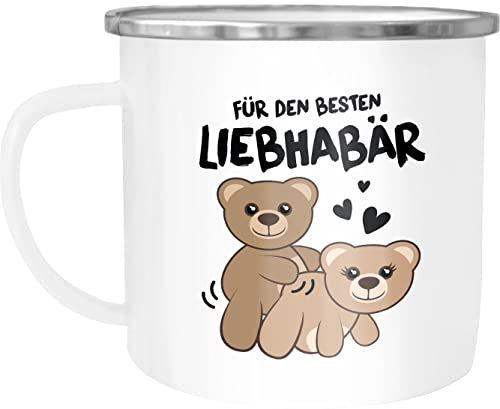 Moonworks® Emaille-Tasse Liebe lustig Bär Geschenk Partner Mann Liebhaber Jahrestag Valentinstag emaille-weiß-silber 300 ml