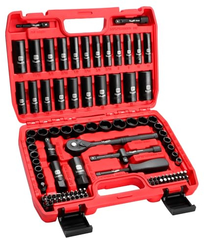 LLNEDL 3/8 Drive Impact Socket Set 95Pcs, Spark Plug Socket (5/8, 13/16), 6 Point Metric & SAE from 5/16- 3/4, 8-22mm, CR-V Deep & Shallow Kit with Quick Release Ratchet (72-Tooth) for Home & DIY