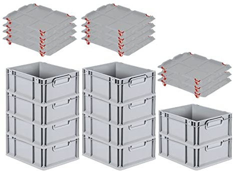 PROREGAL SuperSparSet 10x Eurobox NextGen Grip mit Auflagedeckel & 4 roten Schiebeschnappverschlüssen, HxBxT 17x30x40cm, 16 L, Grau, Griffe geschlossen, Eurobehälter, Transportbox