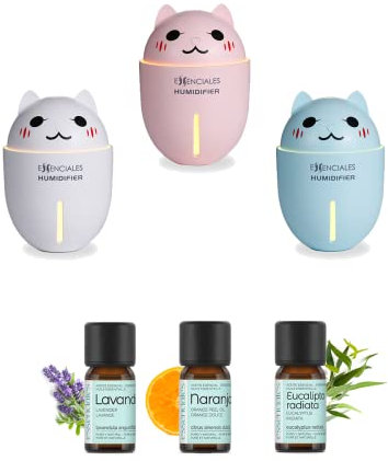 Humidificador Bebes Mocos y Tos EssenCAT - Incluye Aceites Esenciales 10ml de Eucalipto, Lavanda y Naranja ideales para calmar la tos y combatir los mocos - Color Blanco
