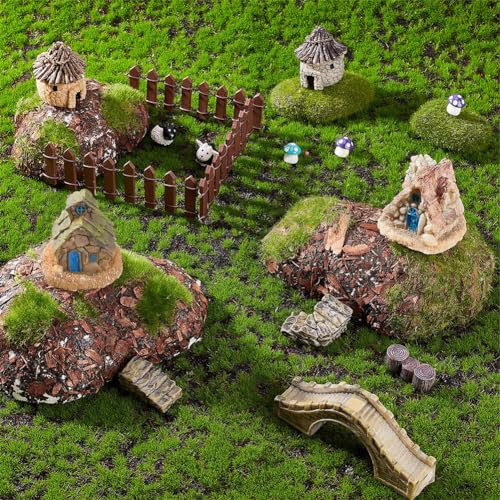 GORGECRAFT 24St Feengarten-Zubehör Outdoor-Zubehör Miniatur-Gartendekoration Sukkulente Mikro-Landschaft Puppenhaus-Ornamente Einschließlich Steinhausbrücke Treppen Holzstümpfe Zäune Schafe Pilze