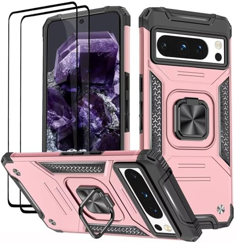 KANSi Coque pour Google Pixel 8, Verre Trempé [2 Pièces] + Housse TPU Silicone Rotation 360° Aimant Anneau Support Double Défense Protection Etui - Or Rose