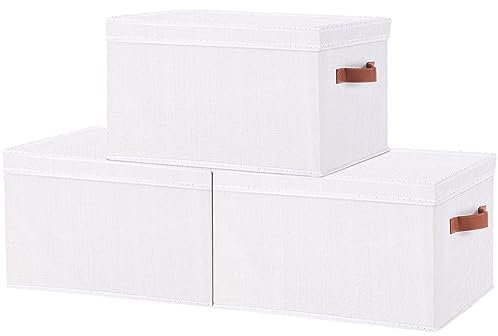 YheenLf Storage Boxes with Lids, Shelf bins with Handles, Foldable Cube Organizer Basket for Organizing, Linens Clothes, Shelves Organiser, White, 33×23×18 cm, 3-Pack