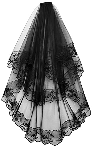 Brautschleier,Halloween Schleier Spitze Witwenschleier mit Kamm Braut Kathedrale Schleier Gesichts Gaze Hochzeitsschleier Halloween Hexe Kopfbedeckung Foto Requisiten für Bräute,Schwarz