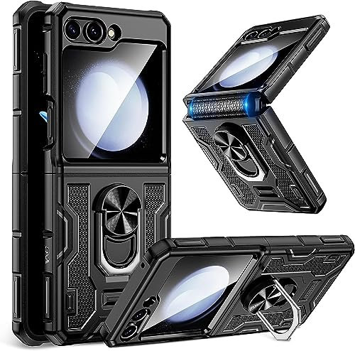 Doeshine for Samsung Galaxy Z Flip 5 Case with Magnetic Ring Kickstand, Built in Back Screen Protector & Hinge Protection, Heavy Duty Shockproof Hard Cover for Samsung Galaxy Z Flip 5 (Black)