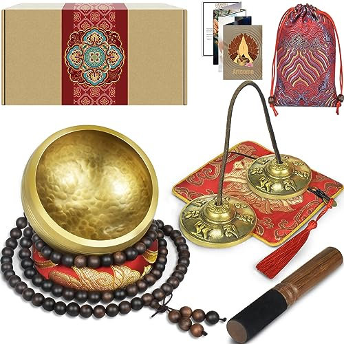 Artcome Ensemble de méditation tibétain 7 pièces – Bol chantant tibétain et clochettes tibétaines Tingsha faites à la main au Népal pour la méditation, le yoga, la tranquillité, la relaxation, la