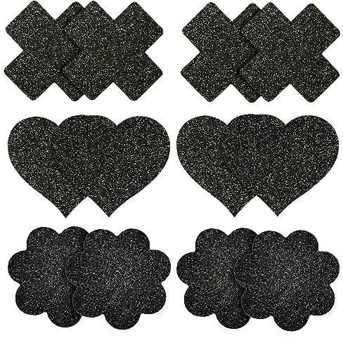 Cache tétons jetables, 6 Paires de Croix Invisible Mamelon Crème Fleur Glitter Mamelon Autocollant Coeur Auto - adhésif Poitrine pétales Femme (Noir)