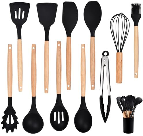 Juego de Utensilios de Cocina,12 Piezas Utensilios Cocinar con Soporte para Utensilios,Resistentes al Calor,Espátula Accesorios Antiadherente con Mango de Madera,Aptas para el lavavajillas Negro