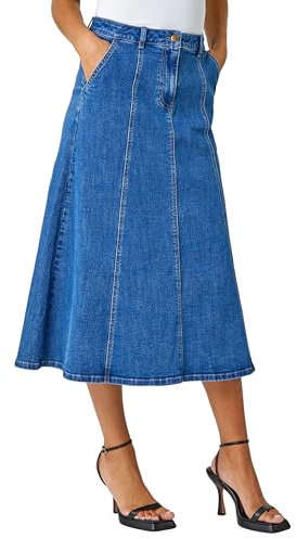Roman Originals Cotton Denim Panelled Midi Skirt for Women UK - Ladies Everyday Autumn Winter Comfy Soft Evening Vacation Work Party Night Out - Denim - Size 14