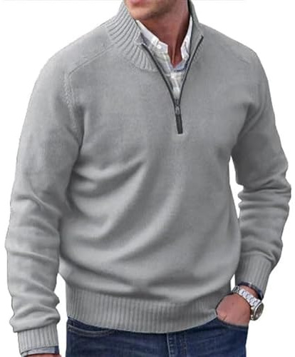 Suéter básico de cachemira con cremallera para hombre, suéter de punto casual de manga larga, suéter de punto sólido, Gris Claro, XL