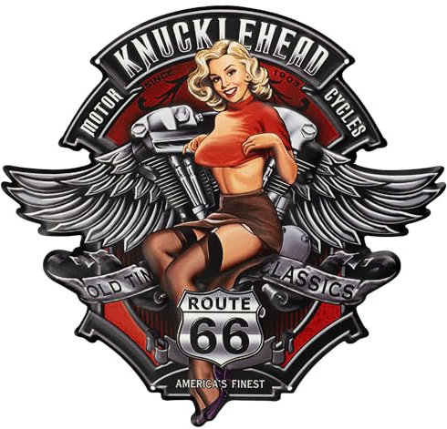 Moritz Blechschild 40 x 38 cm Motorrad Route 66 US Klassik Frau Rockabilly Deko Metallschild Retro Vintage Retro Sprüche lustig