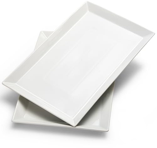 MIECOO Large Serving Platters, 18.5 x 11.5 White Serving Trays Set, Rectangular Porcelain Plates for Party, Wedding, Birthday, Entertaining, Food, Appetizer, Fruit, Sushi, Dessert, Set of 2