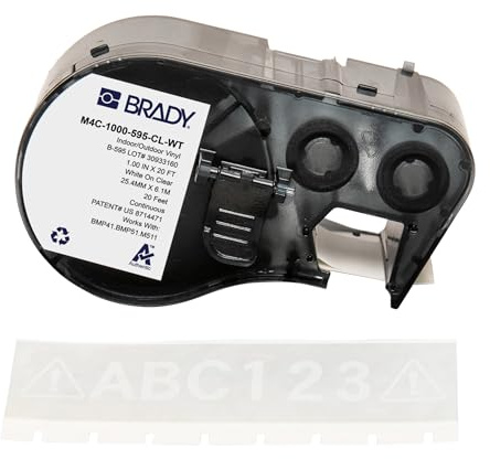 Brady Vinyl-Etikettenband für Etikettendrucker BMP41/BMP51/BMP53/M511 - Klebeetiketten - Weiß auf Transparent (25,40 mm (B) x 6,10 m (L)) - M4C-1000-595-CL-WT