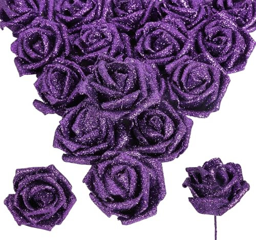 INSUNSIX 30pcs Glitter Purple Roses Foam Flowers with Stems Foam Fake Roses Real Looking Purple Flowers for Bridal Shower Centerpieces Wedding Bouquet Table Decorations for Party (Purple)