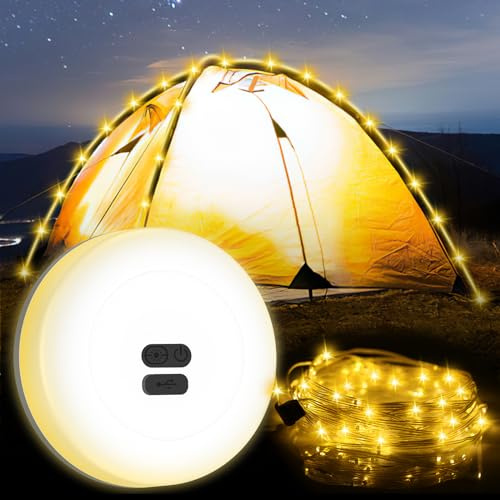 ORIA Camping Lichterkette, 2 in 1 Wasserdichte Camping-Lichter 10M, Tragbare Verstaubare Campinglampe, mit 3 Beleuchtungsmodi, Typ-C Aufladung, Hof Dekor Lichterkette für Außen Camping, Party