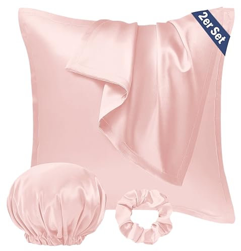 Seiwohl Satin Kissenbezug 40x40 2er Set, Weich wie Seidenkissenbezug Silk Pillowcase, Vegane Seide Kopfkissenbezug Kissenhülle Haarschutz für die Nacht mit Haargummi und Haarhaube, Korallen Rosa