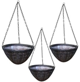 PATIO Hängende Blumentöpfe 3er Set wenge Blumenampel mit Kette für Innen Außen Polyrattan rund