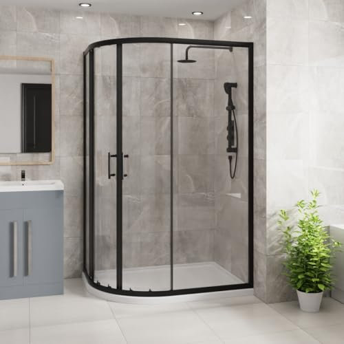 Blümme 1200 x 900mm Offset Quadrant Shower Enclosure Matte Black Framed 6mm Easy Clean Glass Sliding Door Shower Cubicle