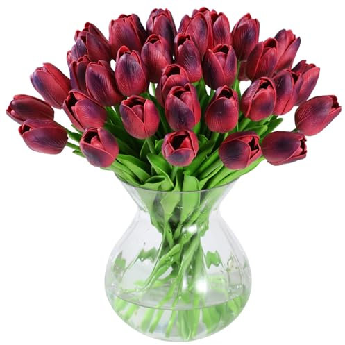 JUSTOYOU 40 Künstliche Tulpen Blumen,Fake Real Touch Latex Tulpe, Faux Blume Tulpe Hochzeit Sträuße für Hochzeit Home Garten Dekoration (Rotwein)