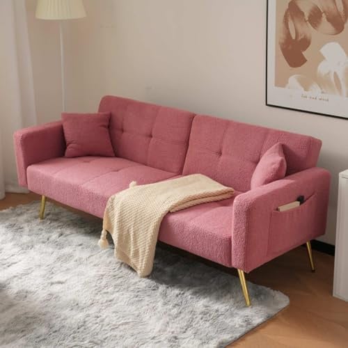 KOMHTOM Sofa, Rosa, 2-Sitzer mit Kissen und seitlichen Aufbewahrungstaschen, Schlafsofa 2-Sitzer, ausklappbar, mit verstellbarer Rückenlehne, kleines modernes Sofa (Rosa)