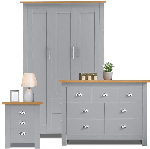 Bedroom Furniture Set With 3 Door Wardrobe & 4+3 Drawer Chest of Drawer + 3 Drawer Bedside Table Cabinet for Bedroom Storage Furniture (Grey & Oak)