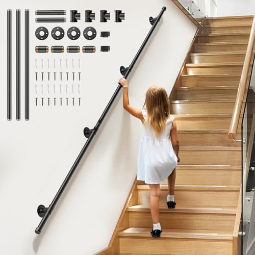 Pasamanos para Escaleras, Pasamanos Metálico de 3 Secciones 3M para Pared sin Barreras 200 KG, Antideslizante y Cómodo para Interiores para Loft, Cercas, Perchas y Esquinas. Instalación Multiusos