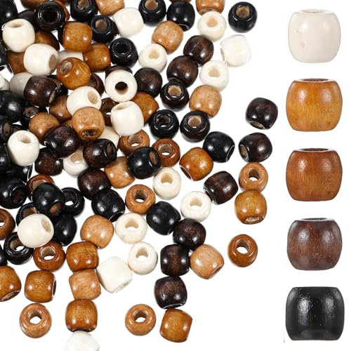 Nogeqi 200 Stück Natur Holzperlen mit Loch, 5 Natürliche Farben Perlen Holz, Wooden Beads Große Holzkugeln zum Auffädeln Bastelperlen für Dreadlocks Schmuckherstellung 11mm Mit 6mm Lochdurchmesser