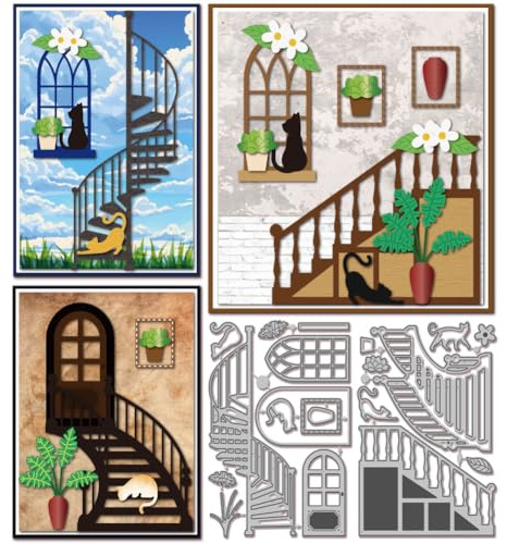 GLOBLELAND Plantillas de corte para escaleras, ventanas y puertas para fabricación de tarjetas, gatos y plantas, plantillas de metal para emboscado, cortes de papel, scrapbooking, álbumes de fotos