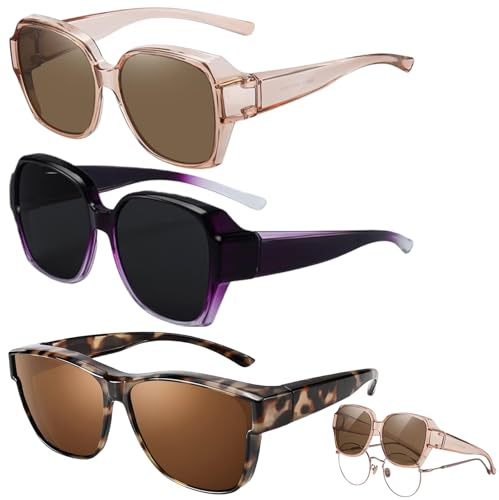 AXERHK Sonnenbrille Über Normale Brille, 3 Stück Clip-On Sonnenbrille Aufsatz für Damen & Herren, Modische Quadratische Blendfreie Sunglasses mit UV-Schutz