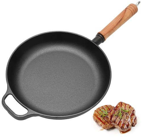 Umllpet Gusseisenpfanne, Gusseisen Pfanne 27cm, Bratpfanne Grillpfanne, Ohne Beschichtung Pfanne Griff aus Massivholz, für den Grill Gasgrill Ofen (27cm)