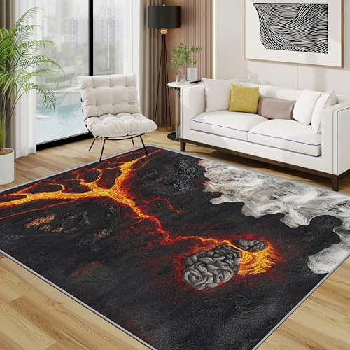 TerroVee Lava Teppich Wohnzimmer 200x300 cm,Fantasy Abstrakt Vulkan Teppiche Waschbar Für Schlafzimmer,Textur Waschbar rutschfest Weich Groß Esszimmer, Schwarz Orange-Rot